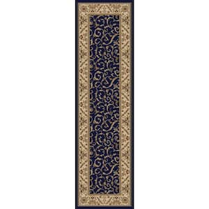 Como Navy 2 ft. x 8 ft. Traditional Floral Scroll Area Rug