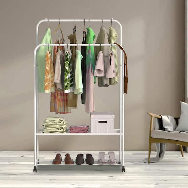 White Metal Garment Clothes Rack Double Rods 43.3 in. W x 50.3 in. H