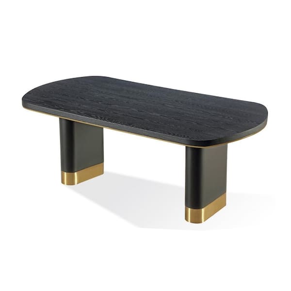 Benjara Black and Brass Wood Rectangle 79 in. Double Pedestal Base Dining Table Seats 6