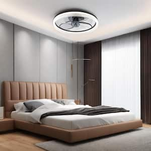 20 in. Modern Indoor Black Flush Mount Ceiling Fans with Remote Control - Small Dimmable Light Timing Fan for Bedroom