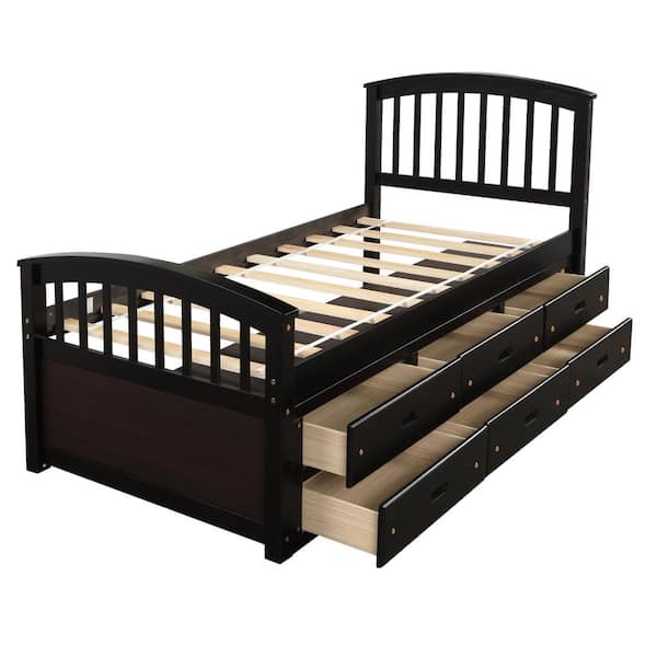 STICKON 78.97 in. W Espresso Twin Size Solid Wood Platform Bed with 6-Drawers