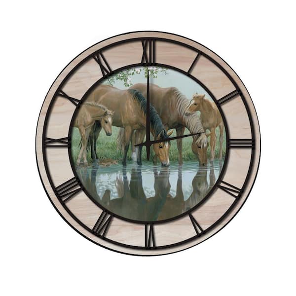 Unbranded "Sweet Spring Horses" Woodgrain Accent and Black Numbers Imaged Wall Clock
