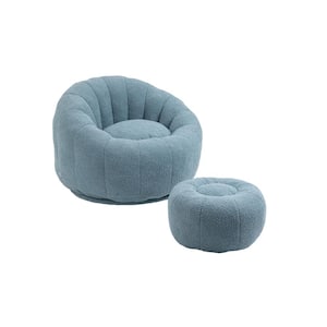 Modern Light Blue Fabric Swivel Bean Bag Chair and Ottoman