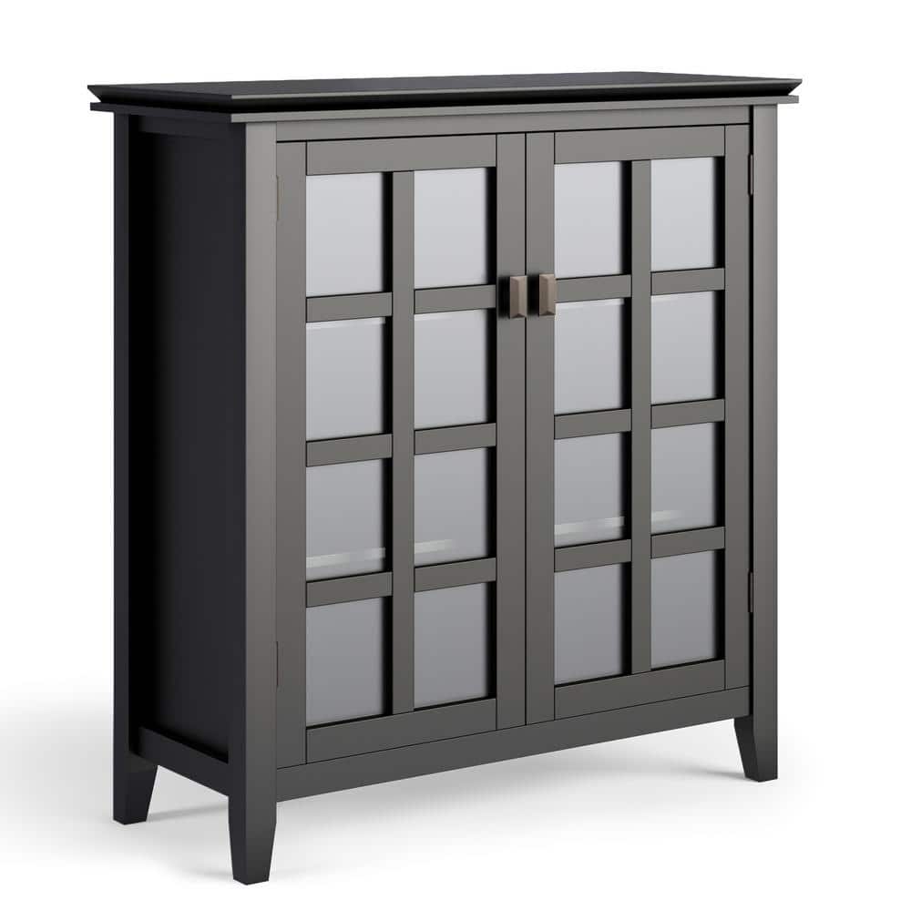 Simpli Home Artisan 38"W Solid Wood 4-Shelf Medium Storage Cabinet with Glass Doors and Adjustable Shelves