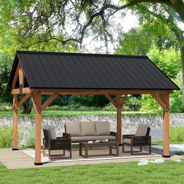 15 ft. x 13 ft. Outdoor Patio Solid Cedar Wood Hardtop Gazebo with Black Galvanized Steel Roof and Ceiling Hook