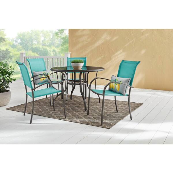 Hampton bay mix and match stackable steel sling deals outdoor patio dining chair in haze teal blue