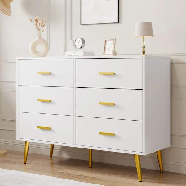 Garvee 6 Drawer Dresser with Storage Space, Modern Wooden Dresser with Gold  Handles, Chest of Drawers with Deep Drawers, White PHO_13PYH4ID-YXY - The  Home Depot