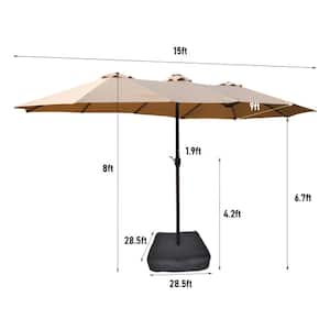 15 ft. Double-Sided Rectangular Outdoor Twin Patio Market Umbrella with Light and Base Taupe