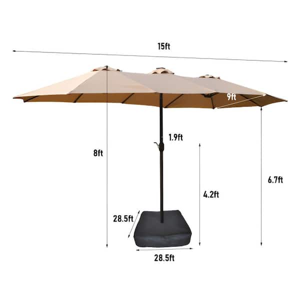 Unbranded 15 ft. Double-Sided Rectangular Outdoor Twin Patio Market Umbrella with Light and Base Taupe