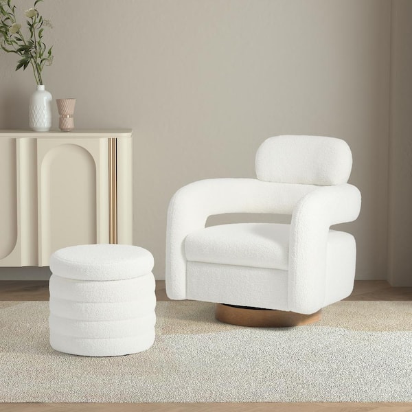 Bayville Modern 2-Piece Sherpa Swivel Accent Chair Set With Round Storage Footstool Ottoman in Cream