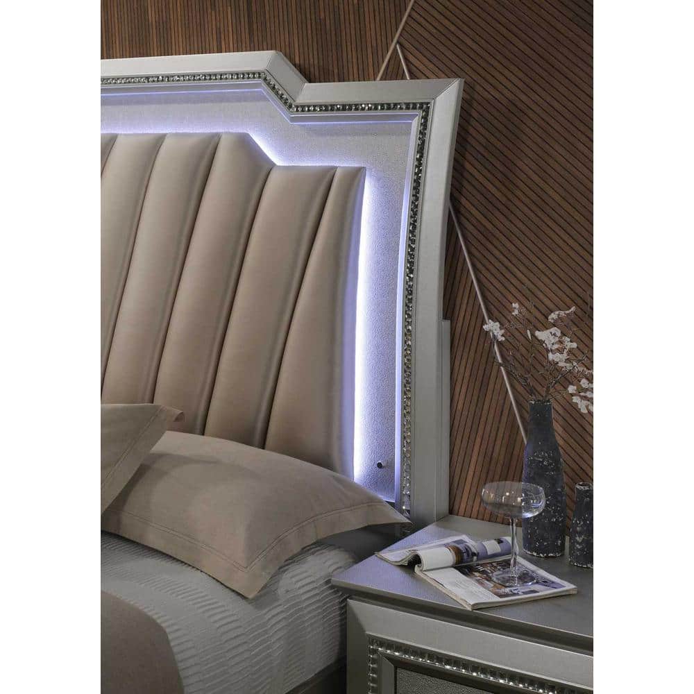 Queen Champagne Faux Leather Upholstered Storage Bed with LED Headboard