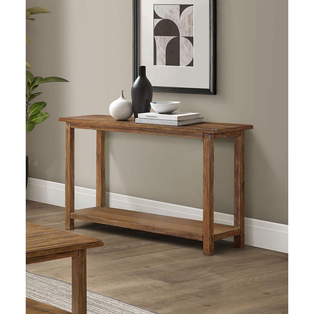 Distressed Brown Pine Wood Console Table with Shelf
