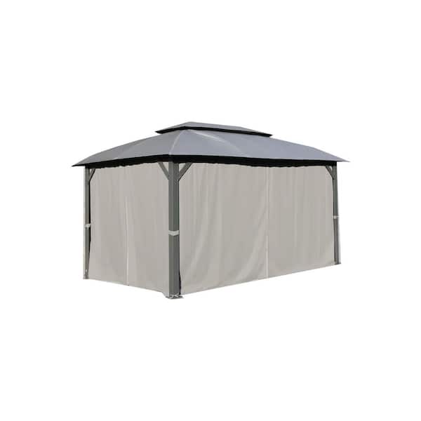Staykiwi 10 ft. x 14 ft. Outdoor Gray Steel Soft-top Gazebo with Polyester Double Roof with Curtain and Netting