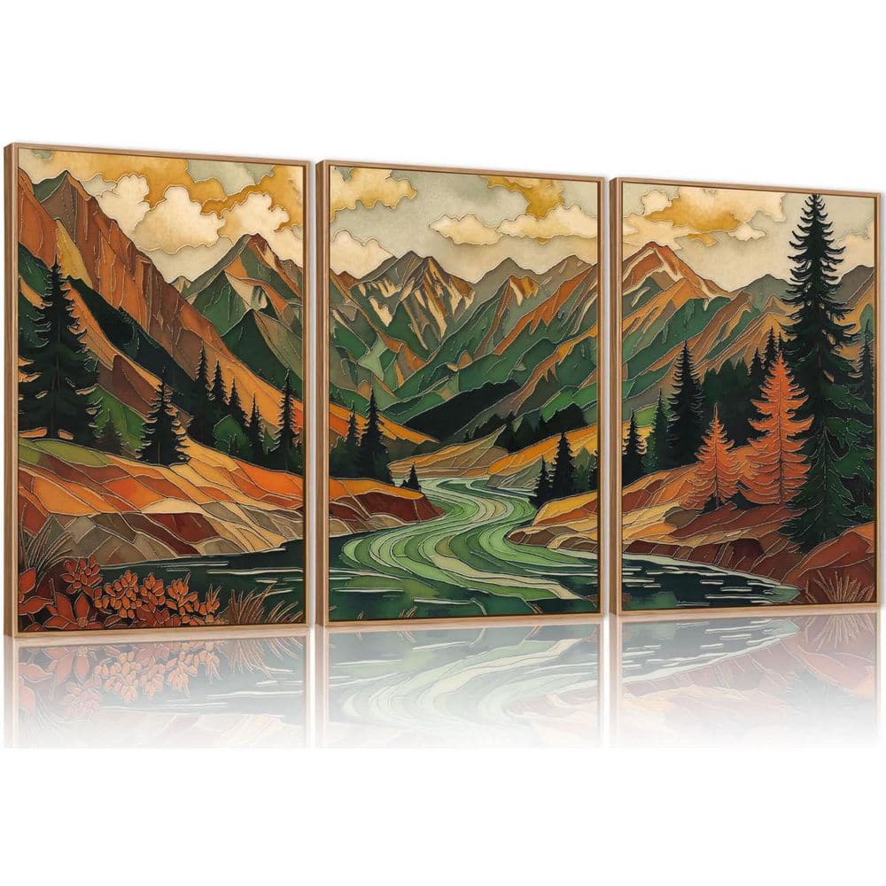 3 Piece Plastic Framed Canvas Abstract Mountain Forest Wall Art Print ...