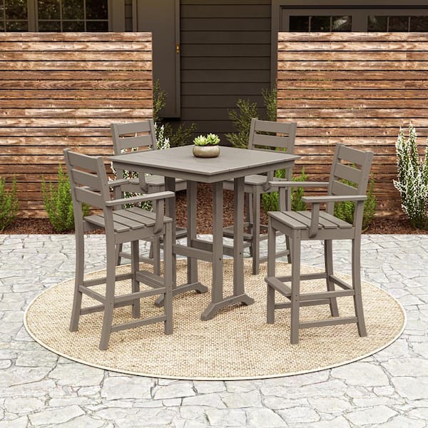 Grant Park Slate Grey 5-Piece HDPE Plastic Arm Chair Farmhouse Trestle Bar Set