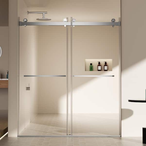 JimsMaison 56 in. to 60 in. W x 70 in. H Double Sliding Frameless Shower Door in Brushed Nickel with 5/16 in. Thick Tempered Glass