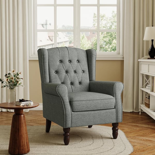 Modern Gray Linen Upholstered Button High Back Accent Arm Chair with Wood Legs (Set of 1)