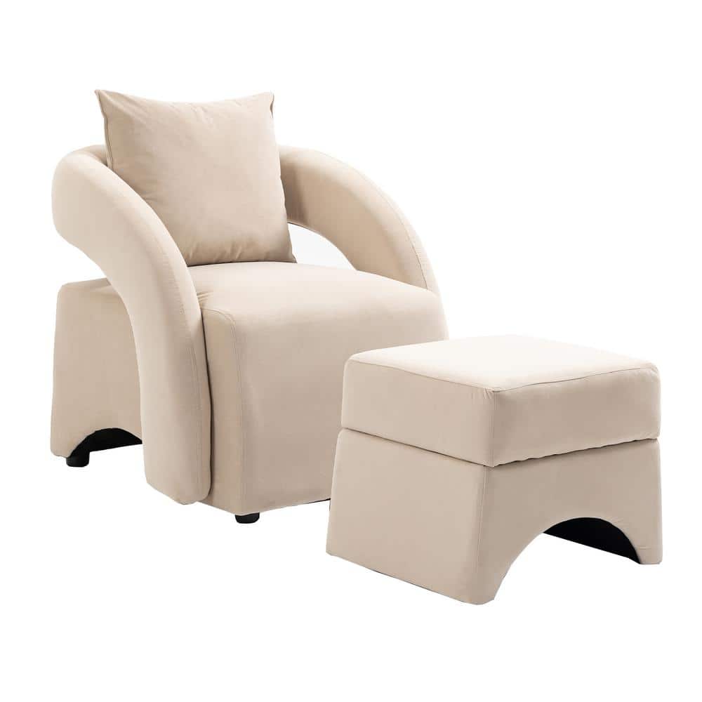 Beige Wood Outdoor Lounge Chairs with Ottoman, Upholstered Club Tub Round A