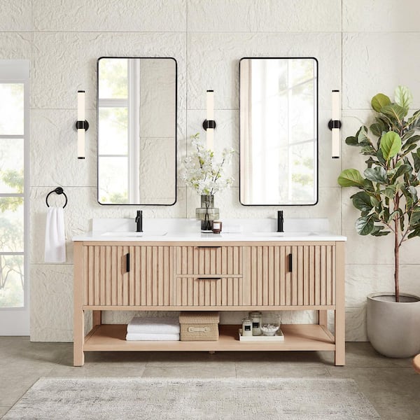 Tehran 72 in.W x 22 in.D x 33.9 in.D Double Bath Vanity in Aged Natural Oak with White Engineered Stone Top