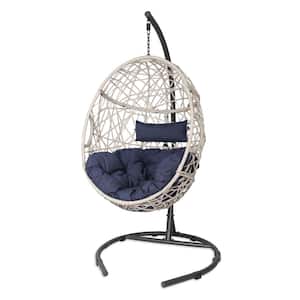 Outdoor Wicker Egg Hanging Hammock Chair with Stand and Navy Cushion