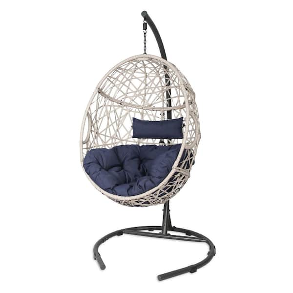 ULAX FURNITURE Outdoor Wicker Egg Hanging Hammock Chair with Stand and Navy Cushion