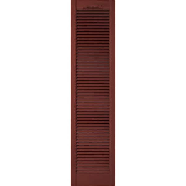 Ekena Millwork 12 in. x 80 in. Lifetime Vinyl Custom Cathedral Top All Louvered Open Louvered Shutters Pair Burgundy Red