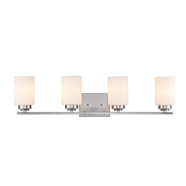 Bel Air Lighting Mod Pod 31.25 in. 4-Light Brushed Nickel Bathroom Vanity Light Fixture with Frosted Glass Cylinder Shades