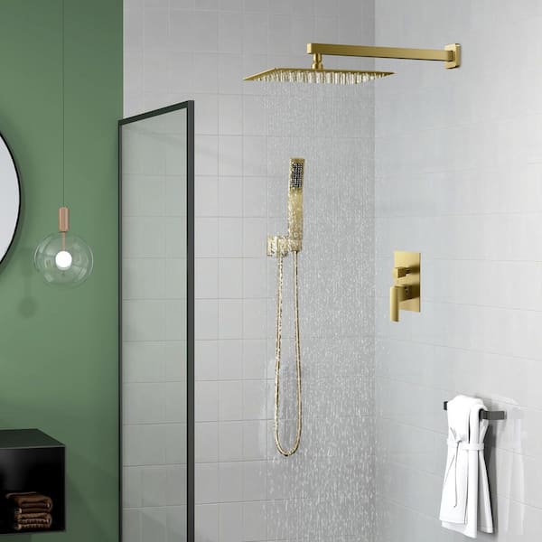10 in. 2-Jet High-Pressure Mixer Rainfall Shower System w/Wall Mount Square Head and Handheld in Gold (Valve Included)