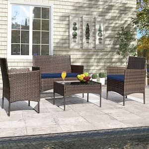 4-Piece Wicker Patio Conversation Set, Outdoor Furniture Set Chair with Navy Blue Cushions