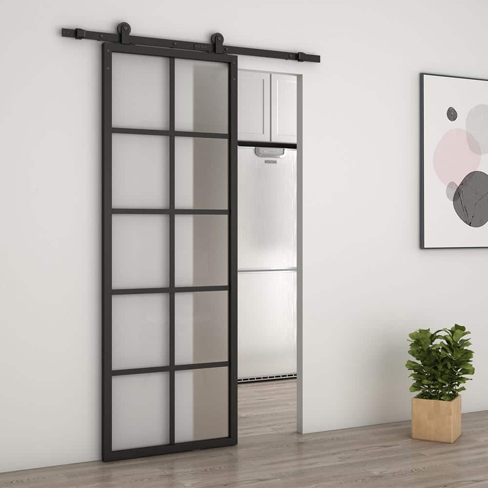 84'' Frosted Glass Black Aluminum Frame Sliding Barn Door