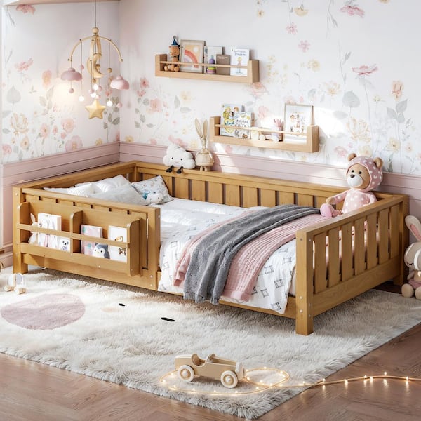 Light Natural Twin Size Pine Wood Low Platform Bed with Safety Guardrails and Built-in Bookshelf