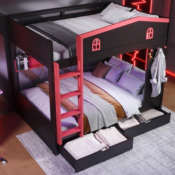 Albina Black Queen Over Queen Wood Bunk Bed with 2 Storage Drawers and Shelves