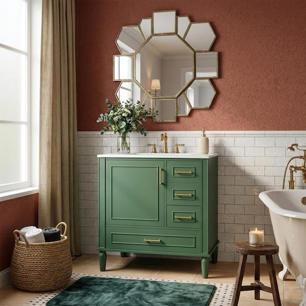 FAMYYT 30 in. Single Sink Freestanding Solid Wood Feet Green Bath