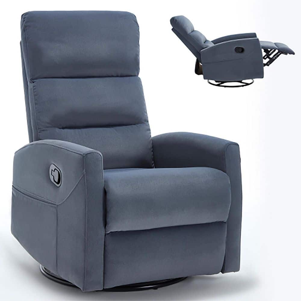 Blue Gray Ergonomic Fabric Manual Recliner Chair with Rocker and Swivel for