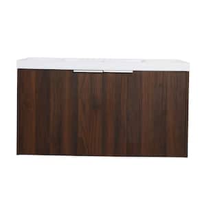 35.7 in. W x 18.1 in. D x 19.5 in. H Float Mounting Bathroom Vanity in Brown with White Sink Top