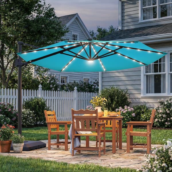 Sonkuki 11 ft. Octagon LED Aluminum Cantilever Patio Umbrella, Foot-controlled 360 rotation with a Base in Lake Blue R-SM-LED311-LB Sonkuki 11 ft. Octagon LED Aluminum Cantilever Patio Umbrella, Foot-controlled 360 rotation with a Base in Lake Blue R-SM-LED311-LB