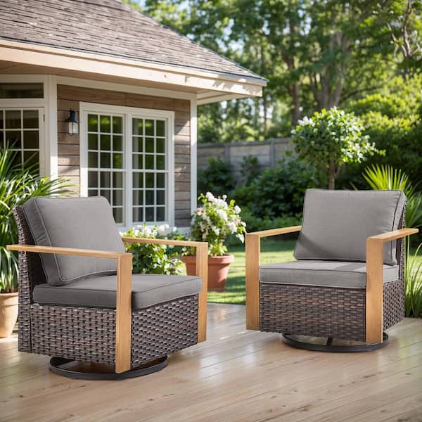 Opohoro MetalWood Metal and Brown Wicker Outdoor Rocking Chair Patio Swivel Chairs with Olefin Gray Cushions (2-Pack)