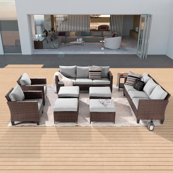 Sonkuki 9-Piece Patio Sofa Set Brown Wicker Outdoor Furniture Set with Side Table, Linen Grey