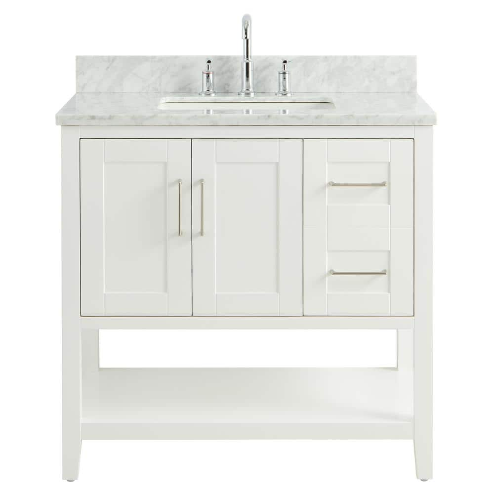 Waldorf 36 in. W x 21 in. D x 34 in. H Free Standing Bath Vanity in White with Carrara Marble Counter Top