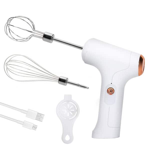 Cordless Hand Mixer, 3-Speed Handheld Electric Whisk with 2 Detachable Stir Whisks, White