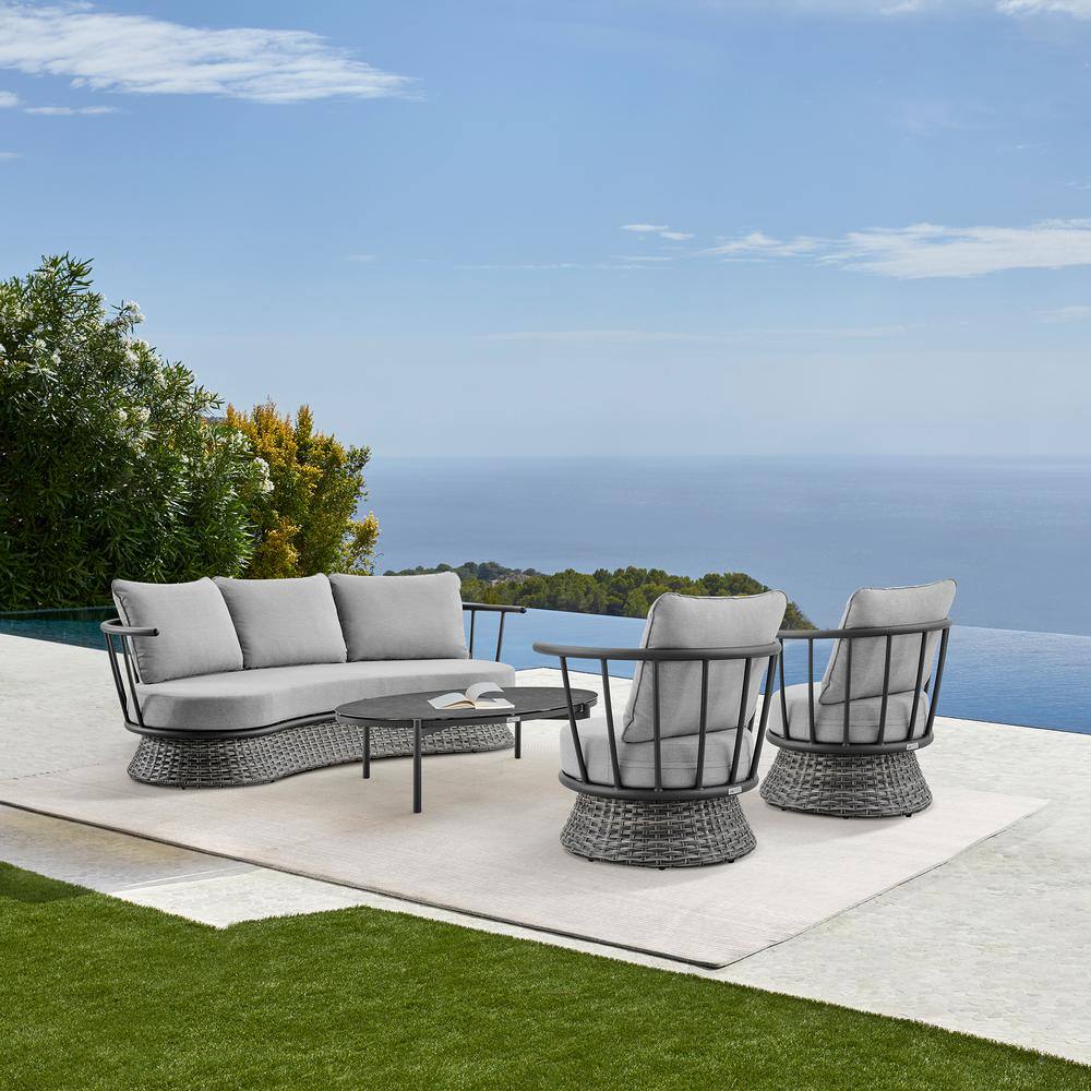 Giotto Black Aluminum and Wicker Outdoor Lounge Chair with Gray Cushions