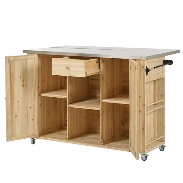 Fir Wood Outdoor Bar Kitchen Island with Stainless Steel Top, Storage, Towel and Spice Racks and a Bottle Opener Natural
