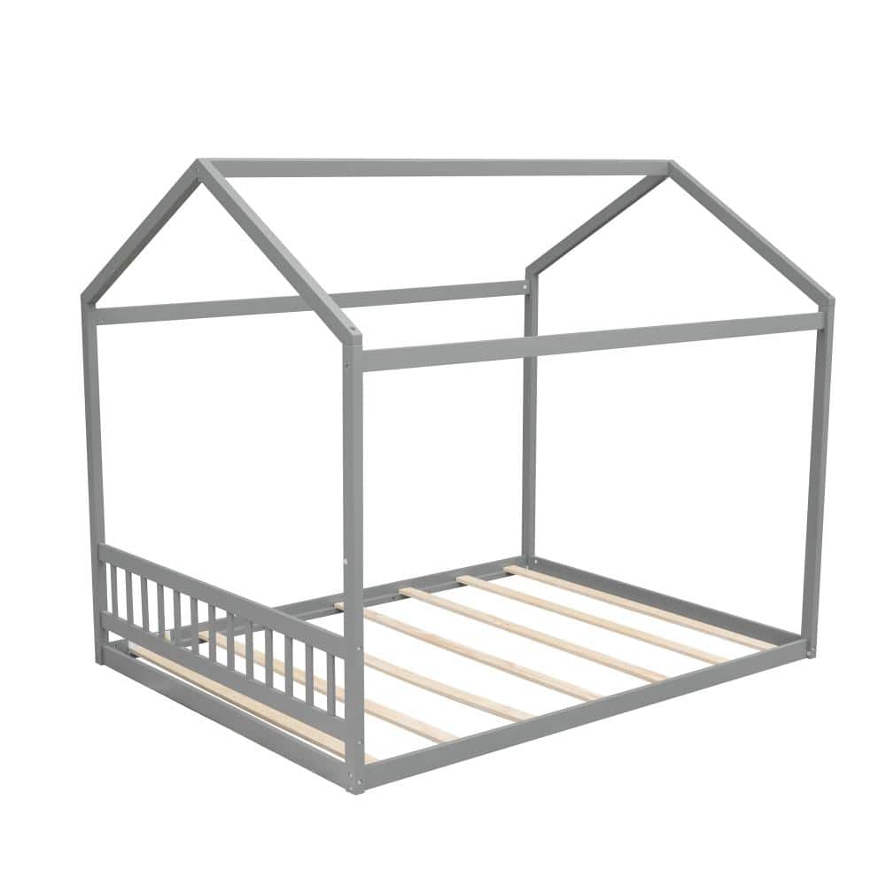 Gray Pine Wood Frame Queen Platform Bed with House-Shaped Headboard durable construction easy to install price history on PriceWatchPro