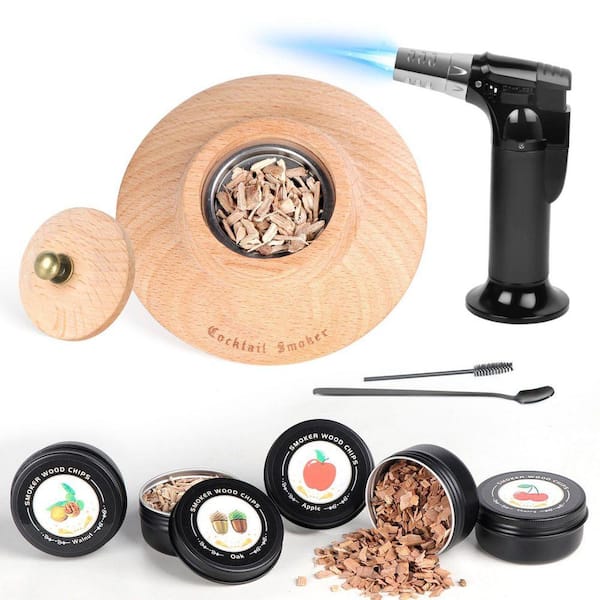 Kit Cocktail Smoker Black Wood Cocktail Smoker Kit Kitchen Bar Tool with Torch and 4 Flavors Wood Chips (No Butane)