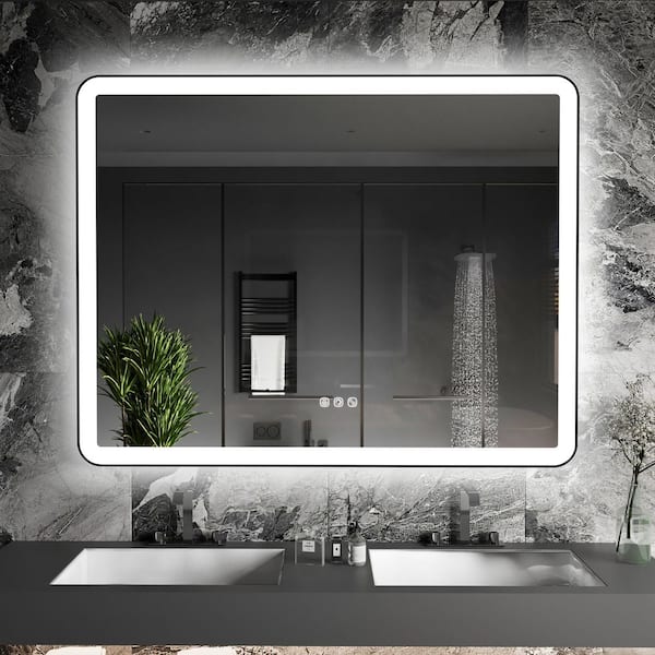 48 in. W x 36 in. H Rectangular Angle Rounded Framed Super Bright LED Wall Mounted Bathroom Vanity Mirror in Matte Black
