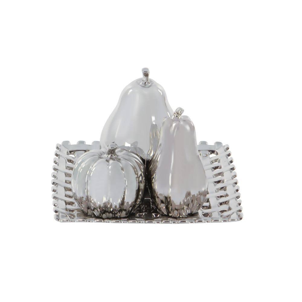 Silver Ceramic Fall Fruit Sculpture Set with Decorative Grid Plate
