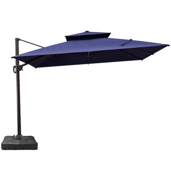Double Top 11.5 ft. Square 360° Rotation Cantilever Patio Umbrella in Navy with Umbrella Base