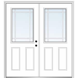 72 in. x 80 in. Prairie Internal Muntins Left-Hand Inswing 1/2-Lite Clear Primed Fiberglass Smooth Prehung Front Door