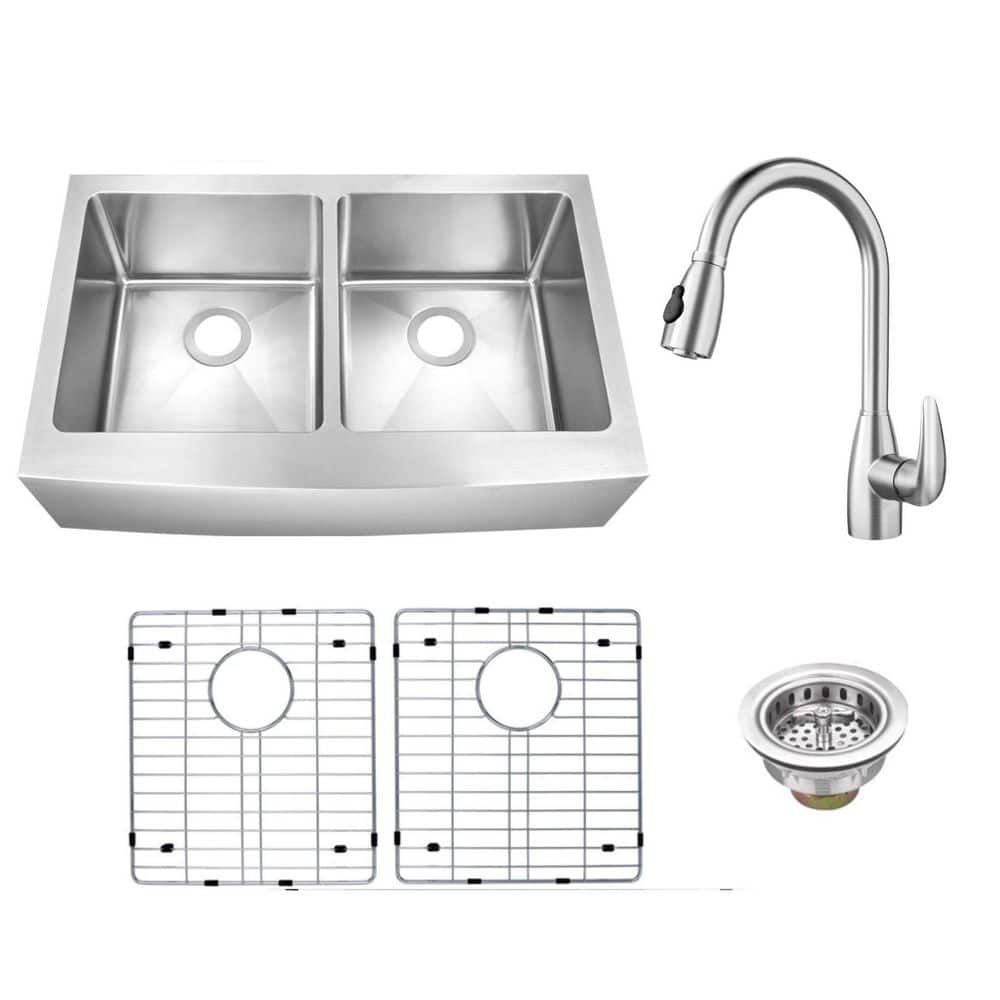 33 in. Farmhouse Apron Front Undermount 50/50 Double Bowl 16-Gauge Stainless Steel Sink with Pull-Out Sprayer Faucet price history on PriceWatchPro