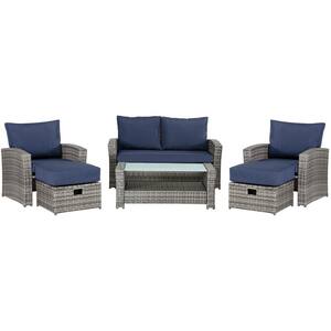 6-Piece Wicker Outdoor Sectional Set with Dark Blue Cushions, 2 Ottomans and Coffee Table for Garden, Patio